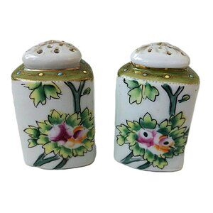 Vintage Ceramic Salt and Pepper Shakers White Gold Handpainted Floral Dining